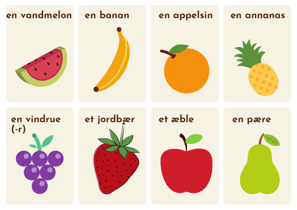 Images of fruits in Danish